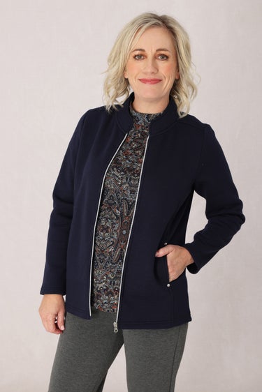 Poly Cotton Fleece Jacket in Navy