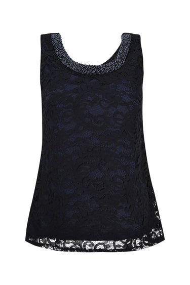 Evening Co-ord Beaded Neck Trim Top in Navy