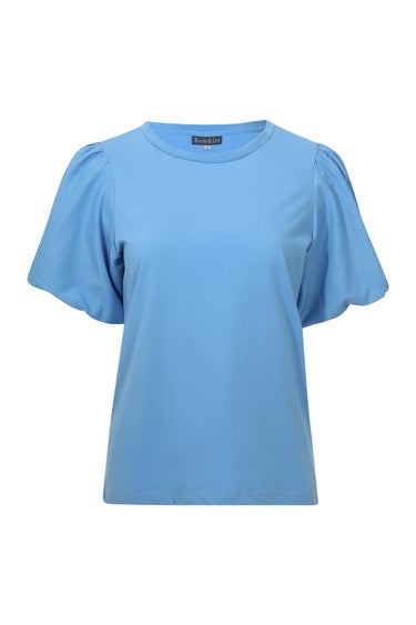 Cotton Rich Knit Top Puff Sleeve in Blue