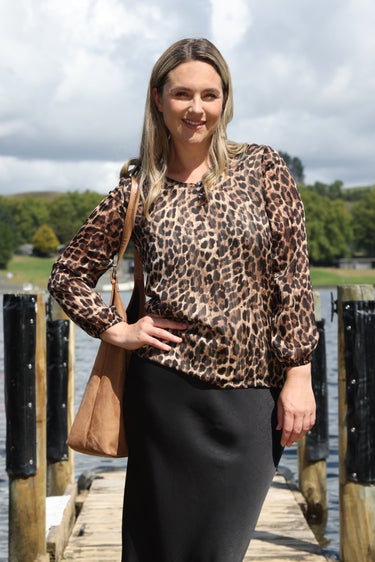 Printed Self Stripe Chiffon V-neck Tunic in Bronze
