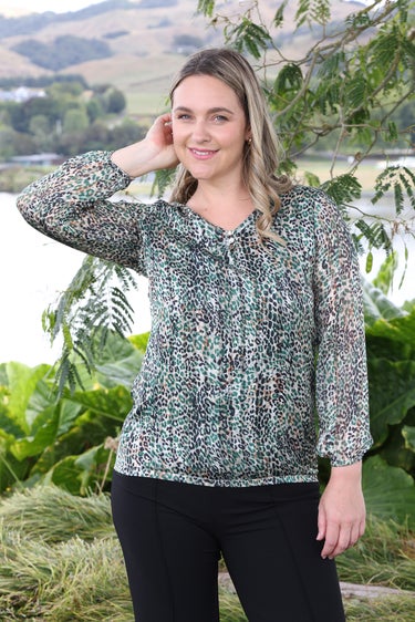 Printed Self Stripe Chiffon V-neck Tunic in Green